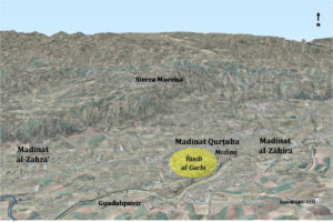 Situación de Madīnat Qurṭuba, Madīnat al-Zahrā' y Madīnat al-Zāhira (a partir de plano base del Convenio GMU-UCO).