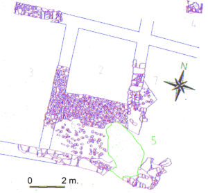 Vivienda de los siglos VI-VII levantada en el antiguo teatro. Modificado a partir de MONTERROSO, CEPILLLO, 2002, fig. 3